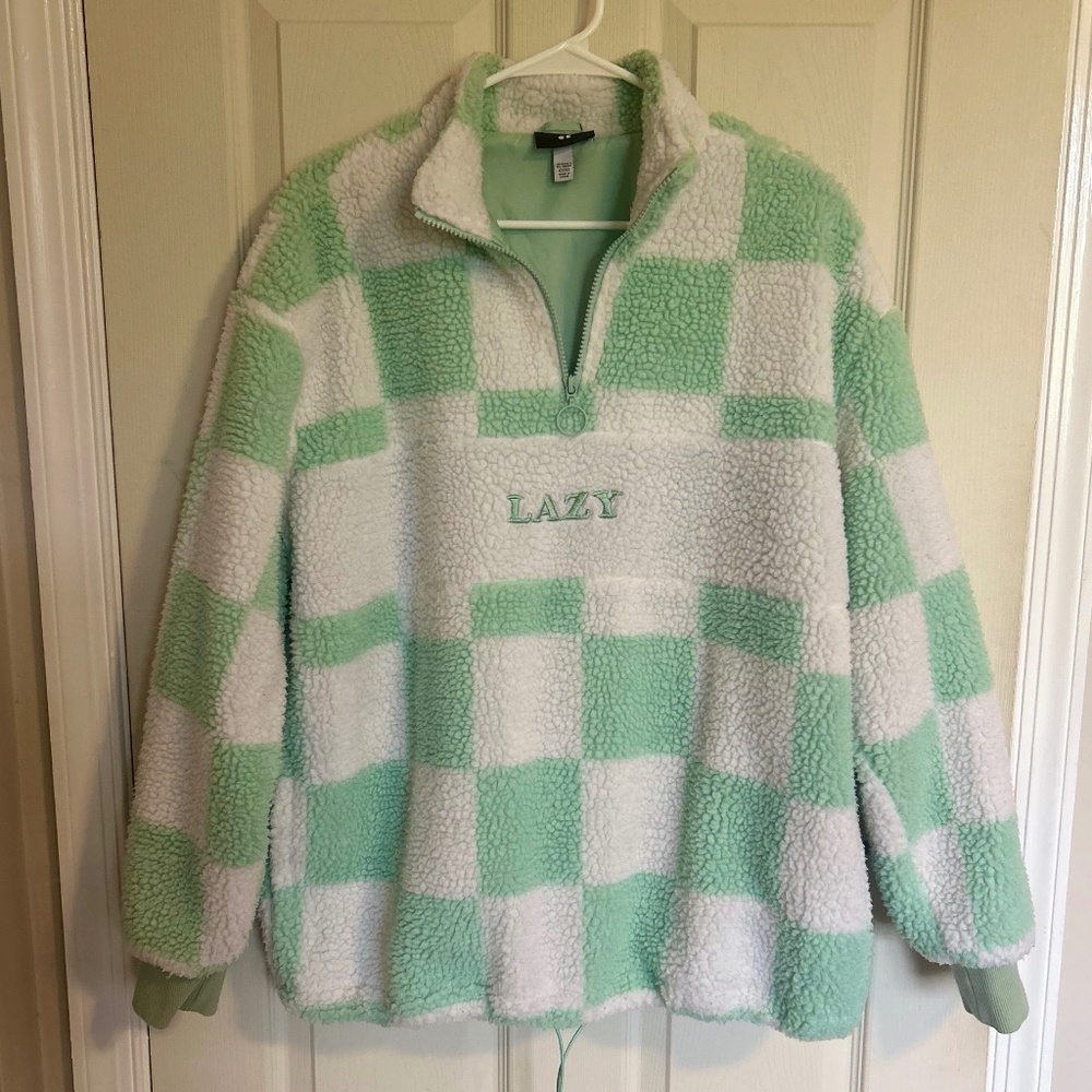 Lazy Oaf Quarter-Zip Checkered Mint Sherpa